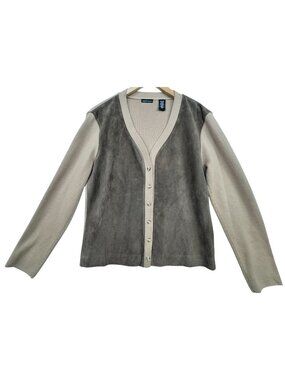 Moda International Suede Button Up Cardigan Sweater Long Sleeeve L Beige Brown